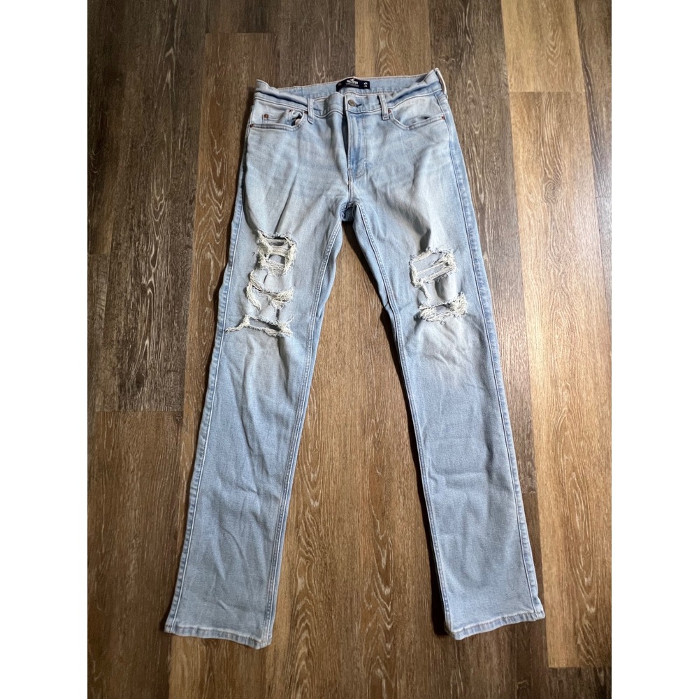 Hollister Stacked Slim Straight Jeans Mens 34x34 Light Wash Distressed Ripped